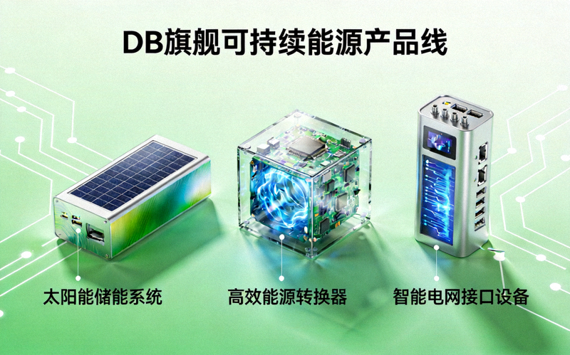 DB旗舰可持续能源产品线 - 太阳能储能系统、高效能源转换器、智能电网接口设备，体现绿色科技理念